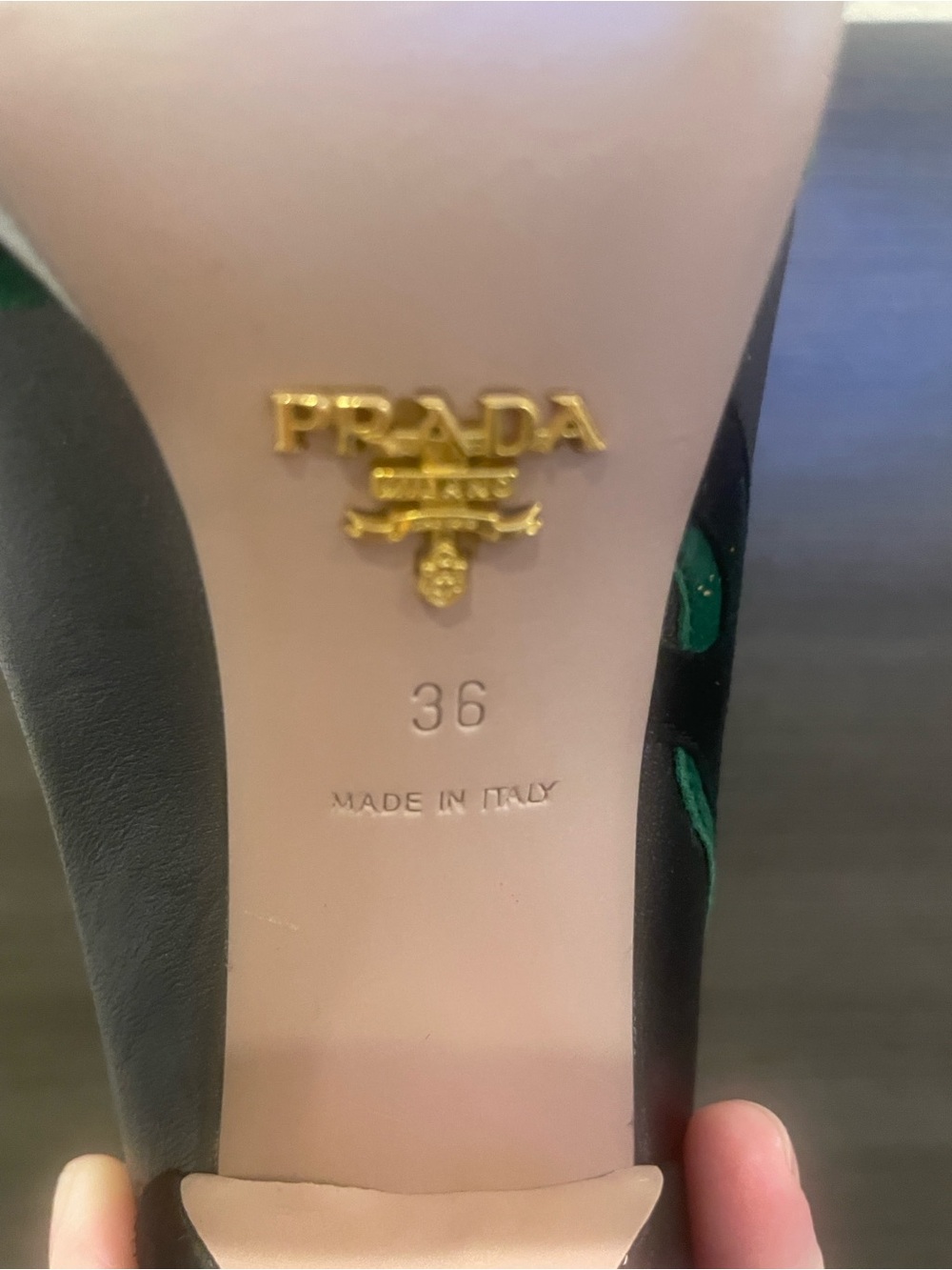 Prada Black Heels with Green Embroidered Detail